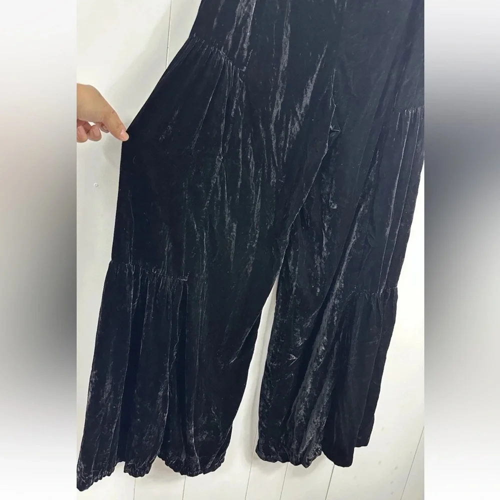 Free People C Est La Vie Wide Leg Pop Star Velvet Pants Size 12 Black Side Zip - Picture 5 of 13